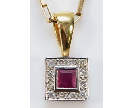 An 18ct gold, ruby and brilliant cut diamond square pendant, 14mm overall, 1.5gm, to a 9ct gold chain, 45cm, 2gm