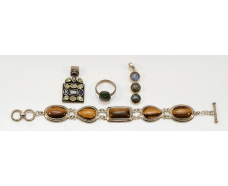 A silver and tigers eye bracelet, 19cm, two pendants and a ring, 42gm (4)