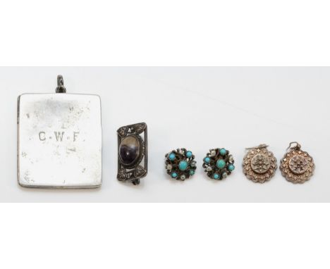 An Arts &amp; Craft silver and cabochon Blue John brooch, 26mm, a pair of Victorian silver ear rings, and turquoise pair of e