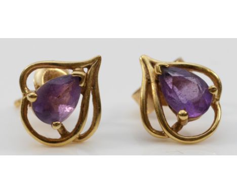 A pair of 9ct gold amethyst earrings with scroll backs, 1.2g