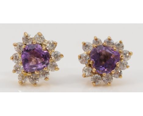 A pair of 9ct gold amethyst and cubic zirconia heart shaped cluster earrings, 1.1g