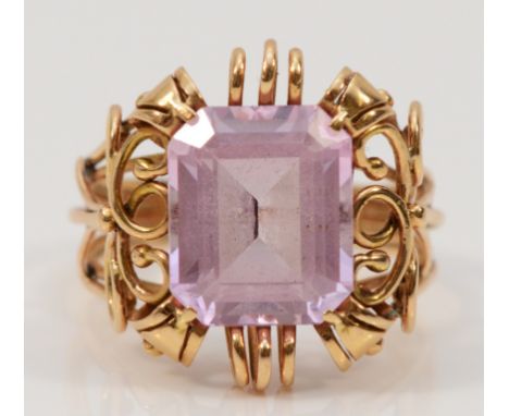 An unmarked 14k rose gold and pink gemstone cocktail ring, possibly continental, 12mm x 10mm gemstone, R, 6.4g