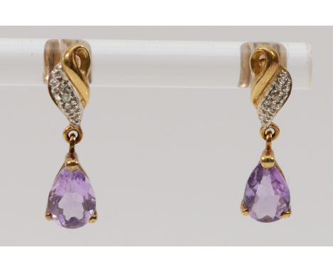 A pair of 9ct gold amethyst and diamond drop earrings with scroll backs, 18mm drop, 1.3g