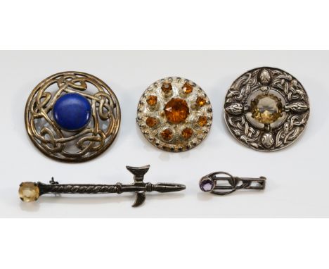 Robert Allison, a Scottish silver and smokey quartz Celtic target brooch, Glasgow 1959, two by Ward Brothers and two other br