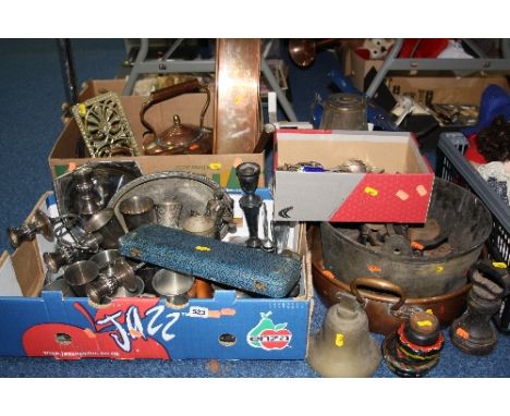 TWO BOXES OF LOOSE METALWARE, CUTLERY, etc, to include brass trivet No 29, copper kettles, horse shoes, scales, bells, weight