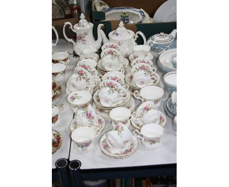 ROYAL ALBERT 'MOSS ROSE' TEA AND COFFEE WARES, to include teapot, coffee pot, milk jug and sugar bowl (hairline), cream jug (