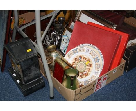 A BOX AND LOOSE SUNDRIES, to include slate mantel clock, three boxed Spode 'Canterbury Pilgrim' plates, pictures, pair candel