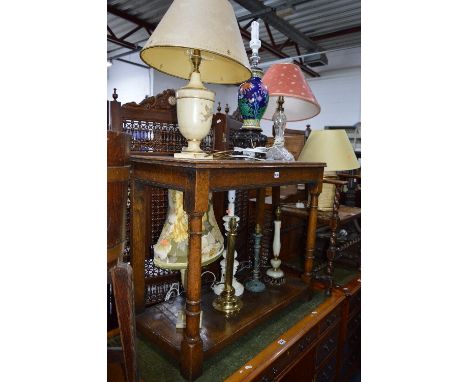 A METAL DEED BOX AND NINE VARIOUS TABLE LAMPS including a cut glass table lamp (10)