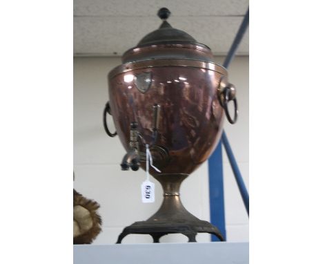 A 19TH CENTURY COPPER SAMOVAR OF NEO-CLASSICAL STYLE, ball finial on a domed cover above an urn shaped base, twin ring handle