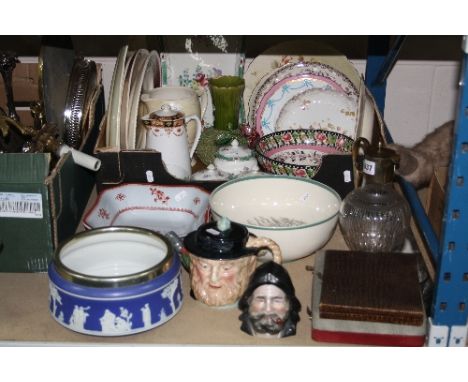 A BOX AND LOOSE CERAMICS, GLASS, CUTLERY, ETC, to include cut glass claret jug with brass mount, Copeland spode 'The Huntsman