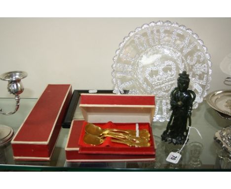 A SPINACH GREEN JADE CARVING OF AN ORIENTAL LADY, (sd), together with a 19th Century watercolour, boxed and loose cutlery and