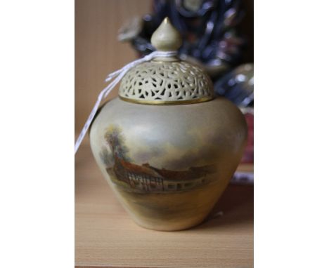 A ROYAL WORCESTER POT POURRI VASE AND COVER, 'Birthplace of Shakespeare' scene, shape No.210, height approximately 12cm
