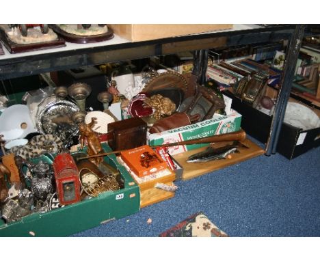 FOUR BOXES AND LOOSE SUNDRY ITEMS, to include glass shades, railway lamp, metalware, clock, etc