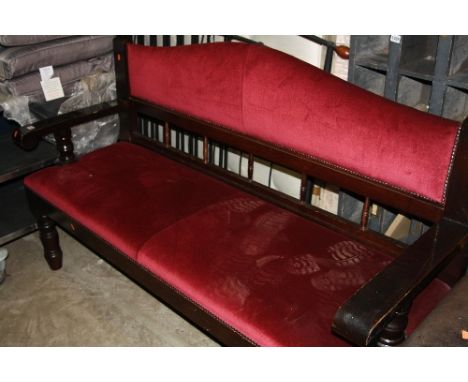 A LARGE STAINED PINE UPHOLSTERED BENCH, approximate size width 170cm x depth 59cm x height 107cm