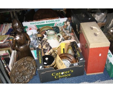 TWO BOXES AND LOOSE SUNDRY ITEMS, to include two boxes records, companion set, barometer, clocks, ornaments etc