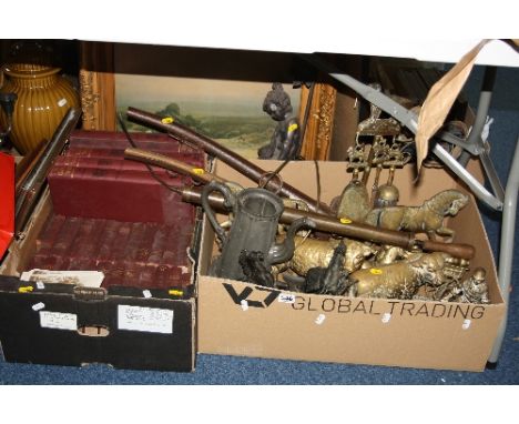 TWO BOXES AND LOOSE SUNDRY ITEMS, to include seated cherub table lamp 'The Great War' books, five volumes, brassware, spelter