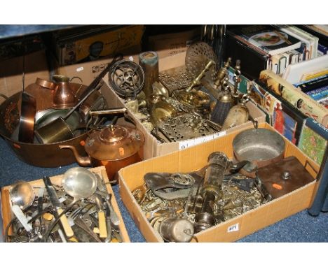 TWO BOXES AND LOOSE BRASS AND COPPER ITEMS, to include GWR lamp, small Welsh miners lamp, horse brasses, trivets, pans etc
