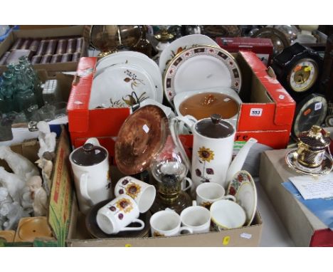 TWO BOXES OF DINNERWARES, SMALL OIL LAMP, etc, to include Midwinter Stylecraft 'Fashion Shape' tureens, teapot, gravy boat, p