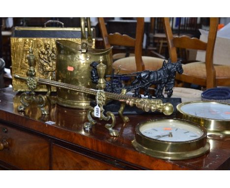 A QUANTITY OF MISCELLANEOUS METAL, to including fire irons and dogs, log bucket, doorstop,etc, a quartz wall clock and a simi