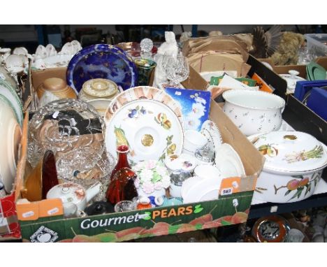 FOUR BOXES AND LOOSE CERAMICS, GLASS, STONEWARE, RECORDS ETC, to include Royal Worcester 'Evesham' cookware, studio pottery e