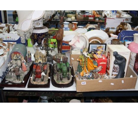 TWO BOXES AND LOOSE ORNAMENTS, table lamp, candelabra etc, to include Juliana Tractors, 'The Country Bird' collection figures