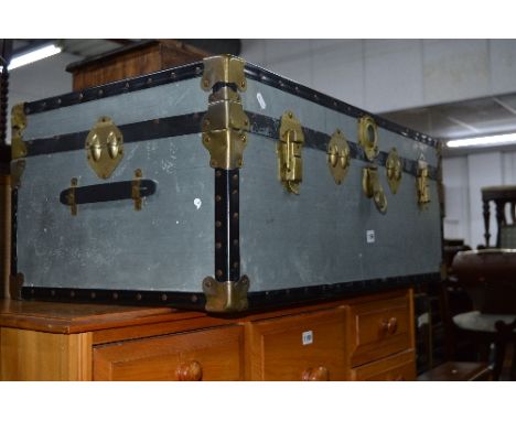 A METAL TRAVELLING TRUNK, a mirrored firescreen (3)