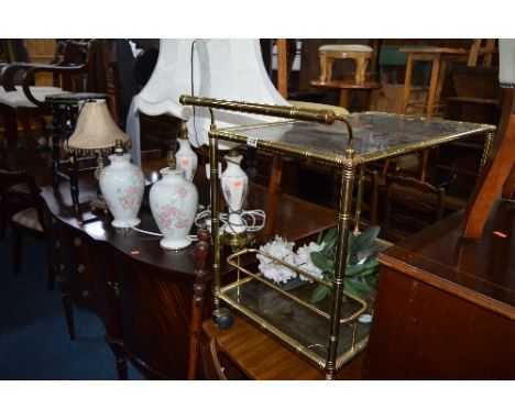 A BRASS FRAMED TEA TROLLEY, with glass inserts, five various table lamps, painted stool, standard lamp etc (10)