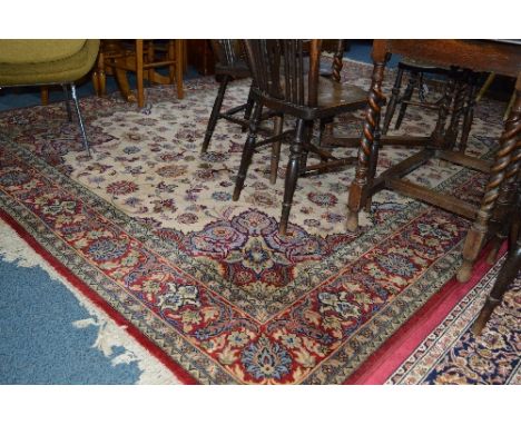 A SECOND HALF 20TH CENTURY WOOLLEN BELGIAN MADE SUPER KESHAN CARPET SQUARE, cream ground, foliate design, approximate size 34