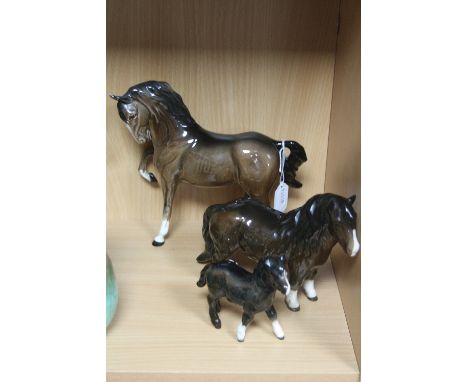 THREE BESWICK HORSES, Mare No 1549 (first version), brown, Shetland Pony No 1033 and Foal No 1034 (3)