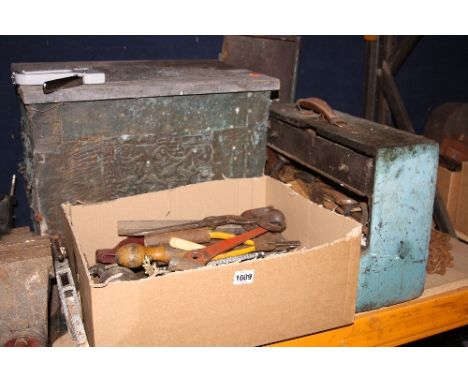 A WOODEN TOOL BOX, a box containing various vintage hand tools and log box