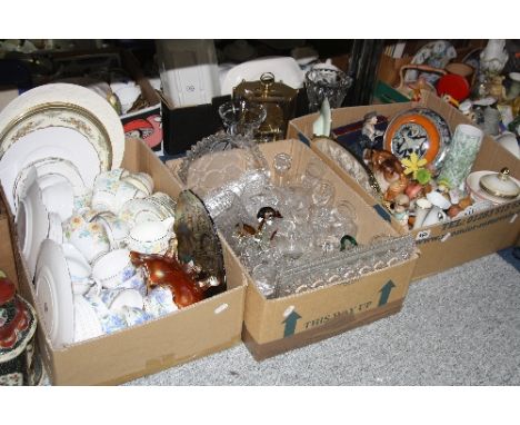 THREE BOXES AND LOOSE CERAMICS, GLASS, ANNIVERSARY CLOCK, PETIT POINT, DRESSING TABLE SET ETC, to include Newhall 'Boumier Wa