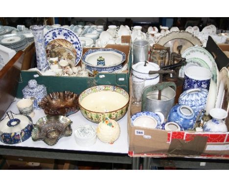 TWO BOXES AND LOOSE CERAMICS, GLASS, KITCHEN WARE ETC, to include Royal Doulton 'Sampler' bowl, Doulton chamber stick D4031 (