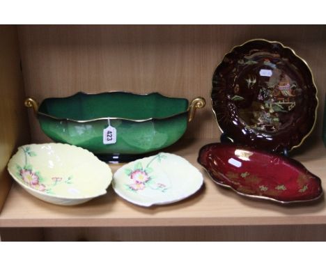 FIVE PIECES CARLTONWARE, to include 'Vert Royale' twin handled bowl (hairline), Rouge Royale 'Mikado' dish, another oblong di