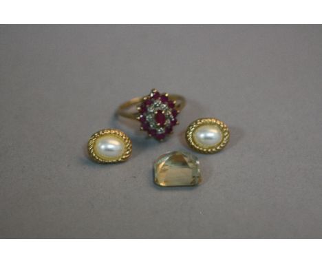 A JEWELLERY COLLECTION, to include a modern diamond and ruby oval cluster ring, ring size Q, import hallmarked 9ct gold, appr