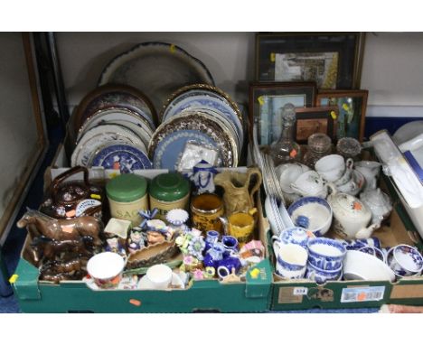 THREE BOXES AND LOOSE CERAMICS, Glass, pictures etc, to include Wade, Beswick, bargeware teapot and stand etc