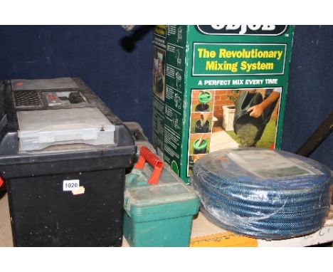 THREE VARIOUS PLASTIC TOOL BOXES containing hand tools, garden hose, etc (5)