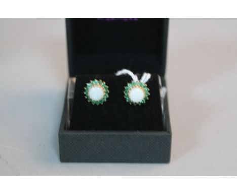 A PAIR OF 9CT OPAL AND EMERALD CLUSTER  EARRINGS