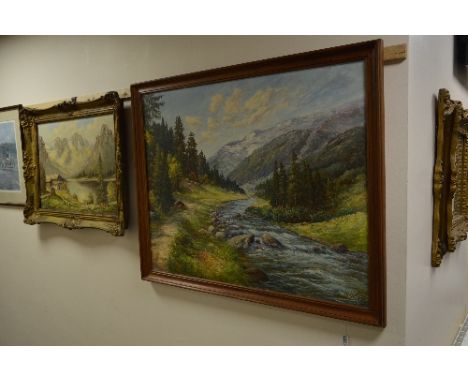 MAX LOBEL (CONTINENTAL 20TH CENTURY), Mountainous river landscape, oil on canvas, signed lower right, patch repair verso, 78.