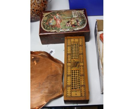 AN EDWARDIAN SEWING BOX, with decorative scene of children in orchard, together with an inlaid cribbage box (2)
