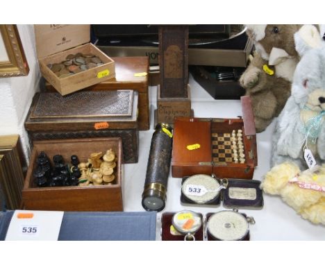 VARIOUS SUNDRIES, to include two cased Fowlers calculators, hand held telescope, chess set, coins, miniature longcase clock c