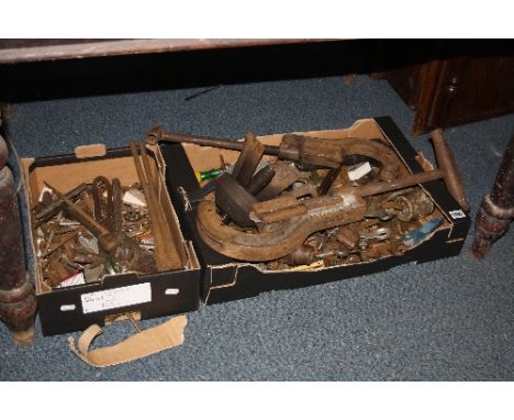TWO BOXES CONTAINING VINTAGE HAND TOOLS, including record No 104 pipe cutter etc