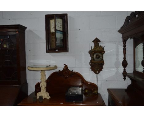 AN AMERICAN WALL CLOCK, with painted glazed panel, reproduction wall clock, Seiko 30 day wall clock and a carved occasional t