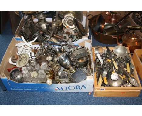 THREE BOXES CUTLERY, SILVER PLATED ITEMS ETC, to include small silver candlestick, hollowares etc
