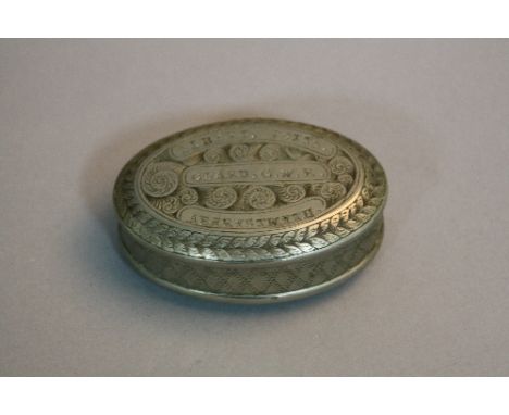 A METAL SNUFF BOX, inscribed Albert Potts, GUND G.W.R. Aberystwyth