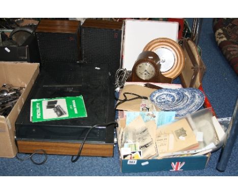 A FIDELITY RECORD PLAYER, and two trays and loose sundry items, to include clock, barometer, teacards, ephemera, 'Willow' pla