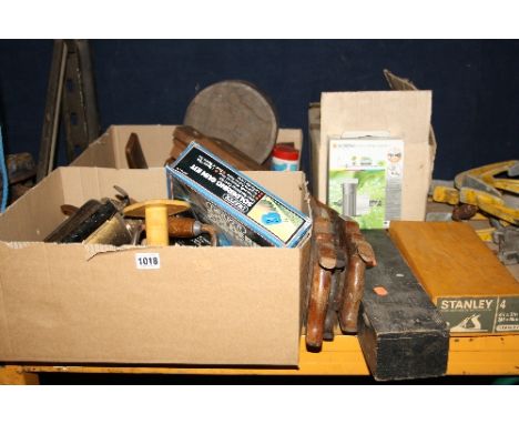 TWO BOXES AND LOOSE VINTAGE HAND TOOLS including Stanley planers, saws, etc