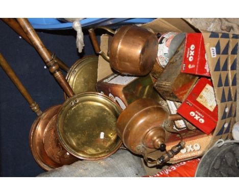 TWO VARIOUS BOXES, containing various metalware including enamel ware, tins and three warming pans, etc