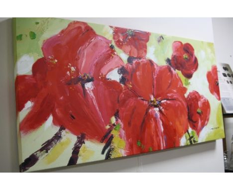 LIANG DING LEI, POPPIES, an abstract study, oil on canvas, COA attached verso, signed lower right, 50cm x 100cm, together wit