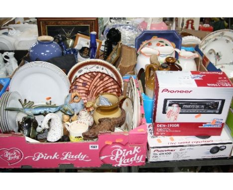 THREE BOXES AND LOOSE SUNDRY ITEMS, CERAMICS ETC, to include Pioneer Dual-cone speaker and CD RDS receiver, candlestick telep