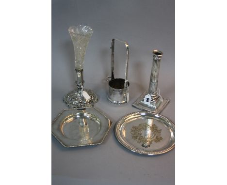 AN EDWARDIAN SILVER CANDLESTICK, (a.f), marks rubbed, height approximately 21cm, together with a late Victorian cut glass vas